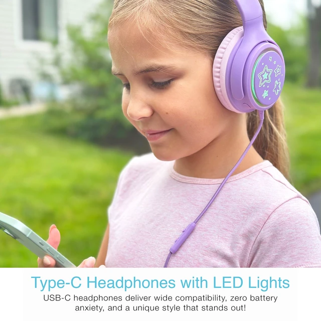 Alt view image 2 of 7 - KidJamz KJ65U Over-Ear USB-C Kids Headphones with Mic (Lavender) Multicolor LED lights, 85dB volume limiter for safer listening, inline mic; for iPhone, iPad & USB Type C devices