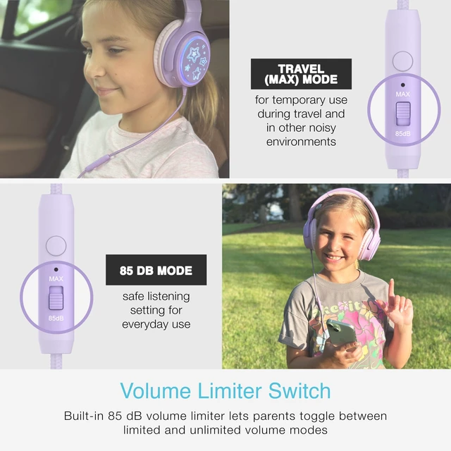 Alt view image 4 of 7 - KidJamz KJ65U Over-Ear USB-C Kids Headphones with Mic (Lavender) Multicolor LED lights, 85dB volume limiter for safer listening, inline mic; for iPhone, iPad & USB Type C devices