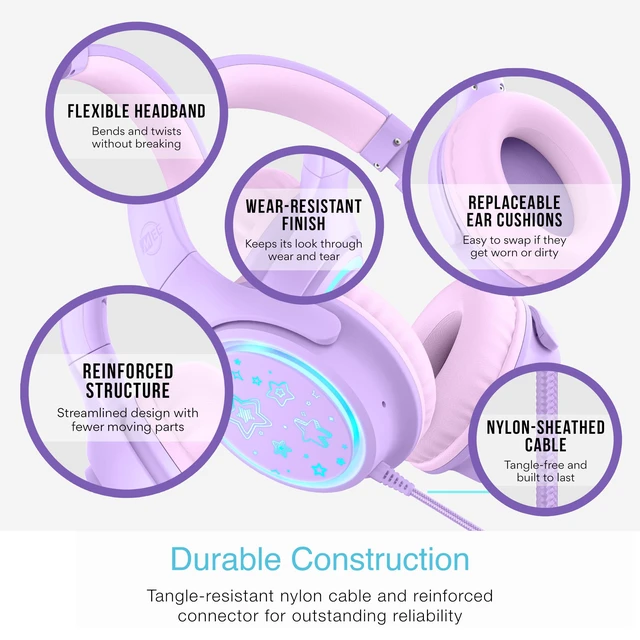 Alt view image 5 of 7 - KidJamz KJ65U Over-Ear USB-C Kids Headphones with Mic (Lavender) Multicolor LED lights, 85dB volume limiter for safer listening, inline mic; for iPhone, iPad & USB Type C devices