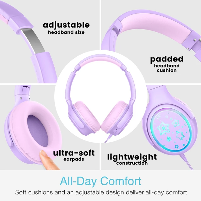 Alt view image 6 of 7 - KidJamz KJ65U Over-Ear USB-C Kids Headphones with Mic (Lavender) Multicolor LED lights, 85dB volume limiter for safer listening, inline mic; for iPhone, iPad & USB Type C devices