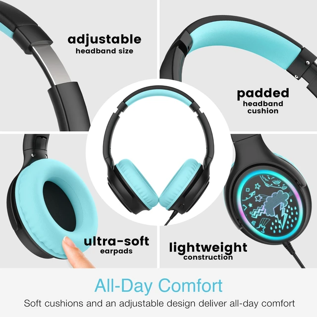 Alt view image 6 of 7 - KidJamz KJ65U Over-Ear USB-C Kids Headphones with Mic (Black) Multicolor LED lights, 85dB volume limiter for safer listening, inline mic; for iPhone, iPad & USB Type C devices