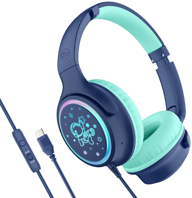 Main image of KidJamz KJ65U Over-Ear USB-C Kids Headphones with Mic (Blue) Multicolor LED lights, 85dB volume limiter for safer listening, inline mic; for iPhone, iPad & USB Type C devices