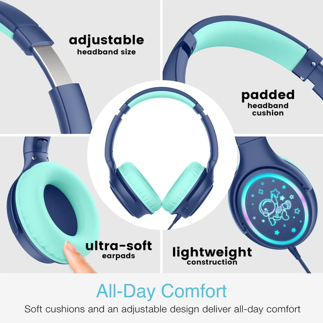 Alt view image 6 of 7 - KidJamz KJ65U Over-Ear USB-C Kids Headphones with Mic (Blue) Multicolor LED lights, 85dB volume limiter for safer listening, inline mic; for iPhone, iPad & USB Type C devices