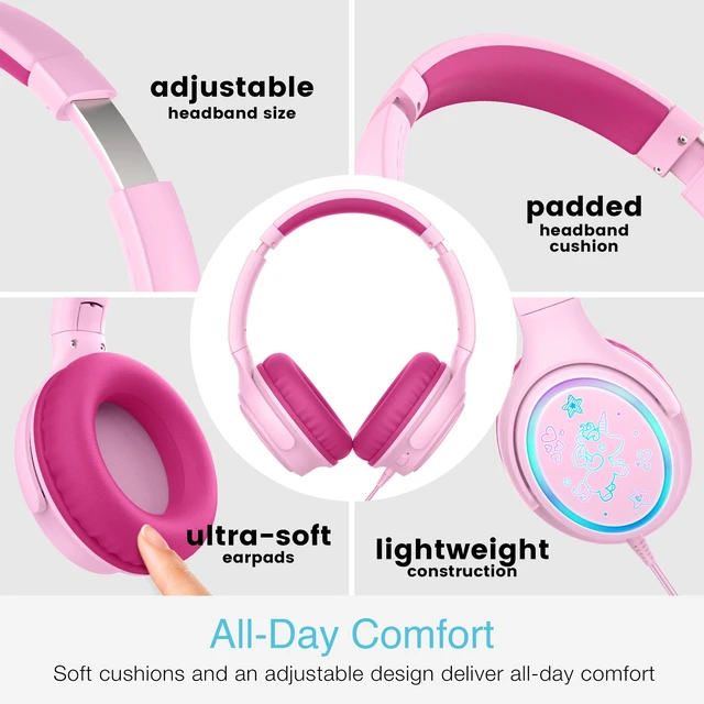 Alt view image 6 of 7 - KidJamz KJ65U Over-Ear USB-C Kids Headphones with Mic (Pink) Multicolor LED lights, 85dB volume limiter for safer listening, inline mic; for iPhone, iPad & USB Type C devices