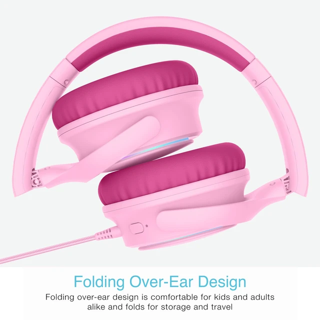 Alt view image 7 of 7 - KidJamz KJ65U Over-Ear USB-C Kids Headphones with Mic (Pink) Multicolor LED lights, 85dB volume limiter for safer listening, inline mic; for iPhone, iPad & USB Type C devices