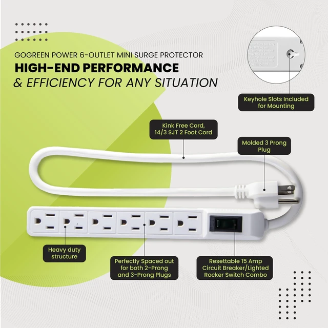 Alt view image 4 of 7 - Go Green Inc. GG-16103MIN 6 Outlet Mini Surge Protector, White