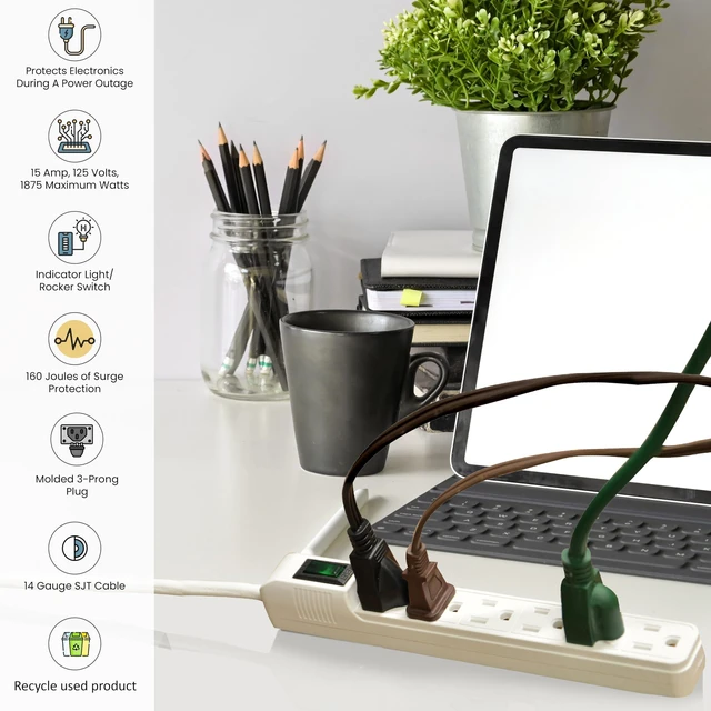 Alt view image 5 of 7 - Go Green Inc. GG-16103MIN 6 Outlet Mini Surge Protector, White