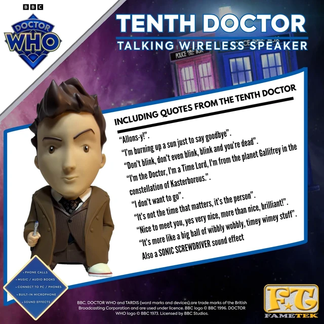 Alt view image 4 of 7 - Doctor Who 6" 10th Doctor Talking Bluetooth Figure Speaker with 9 Quotes Collectible 10th Doctor Bluetooth speaker with Built-In Mic for Calls, Rich Audio for Music and Audiobooks, and Shelf Display