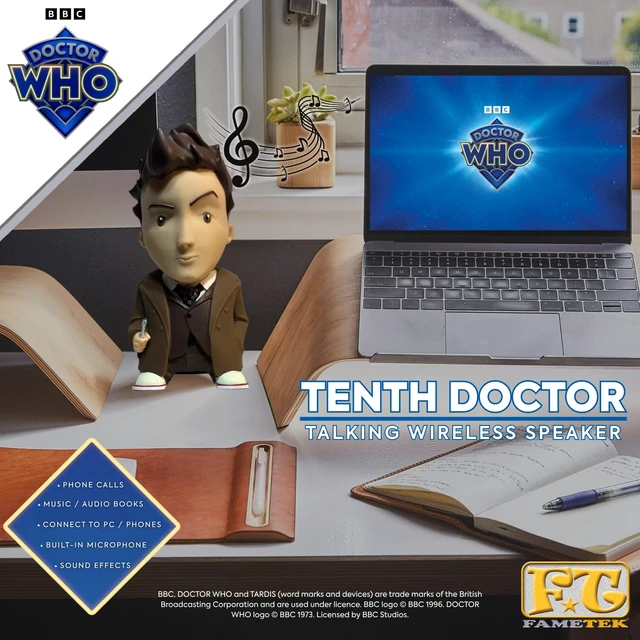 Alt view image 6 of 7 - Doctor Who 6" 10th Doctor Talking Bluetooth Figure Speaker with 9 Quotes Collectible 10th Doctor Bluetooth speaker with Built-In Mic for Calls, Rich Audio for Music and Audiobooks, and Shelf Display