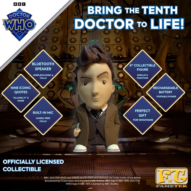 Alt view image 7 of 7 - Doctor Who 6" 10th Doctor Talking Bluetooth Figure Speaker with 9 Quotes Collectible 10th Doctor Bluetooth speaker with Built-In Mic for Calls, Rich Audio for Music and Audiobooks, and Shelf Display
