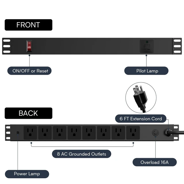 Alt view image 2 of 7 - 8 Outlet Horizontal 1U Rack Mount PDU Power Strip with Surge Protector - 110V/15A - 6ft Power Cord for Network Server Racks (PDU-03)