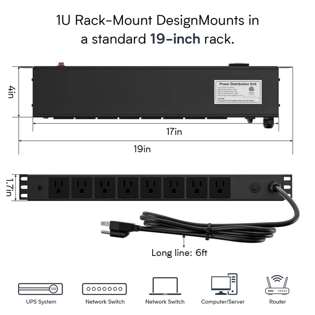 Alt view image 3 of 7 - 8 Outlet Horizontal 1U Rack Mount PDU Power Strip with Surge Protector - 110V/15A - 6ft Power Cord for Network Server Racks (PDU-03)
