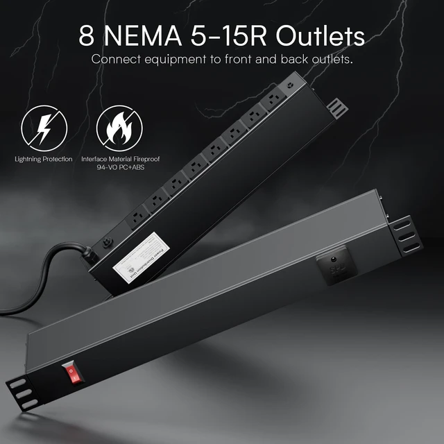Alt view image 4 of 7 - 8 Outlet Horizontal 1U Rack Mount PDU Power Strip with Surge Protector - 110V/15A - 6ft Power Cord for Network Server Racks (PDU-03)
