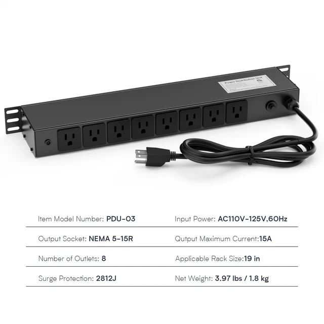 Alt view image 6 of 7 - 8 Outlet Horizontal 1U Rack Mount PDU Power Strip with Surge Protector - 110V/15A - 6ft Power Cord for Network Server Racks (PDU-03)