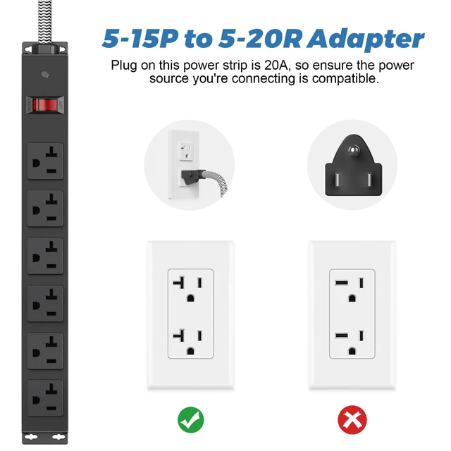 Alt view image 5 of 7 - 20 Amp Power Strip with 1200J Surge Protector,12 Gauge Extension Cord Wall Mount Power Strip with Multiple Outlets,for Garage,Workshop & Industrial,ETL Listed