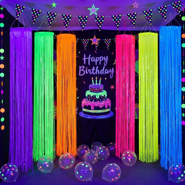 Main image of 6 Pack Glow in The Dark Party Supply Neon Blacklight Streamer, 6 Color 6.56ft Tinsel Foil Fringe Curtain with Hanging Loop Rope, Streamer for Birthday Halloween New Year Rave Black Light Party