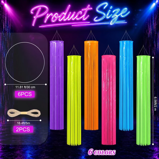Alt view image 2 of 6 - 6 Pack Glow in The Dark Party Supply Neon Blacklight Streamer, 6 Color 6.56ft Tinsel Foil Fringe Curtain with Hanging Loop Rope, Streamer for Birthday Halloween New Year Rave Black Light Party