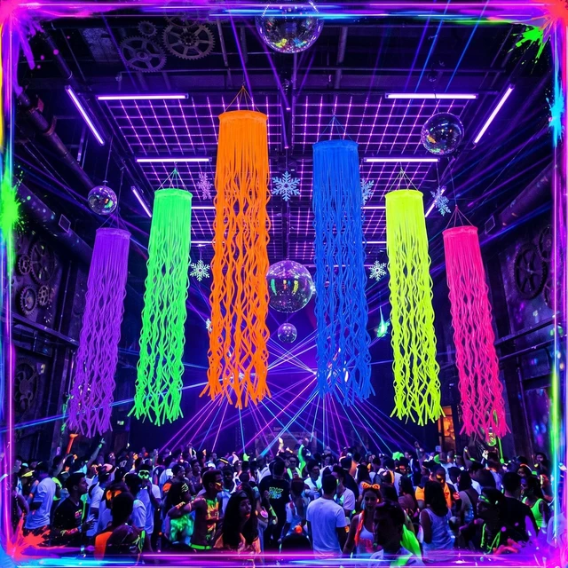 Alt view image 5 of 6 - 6 Pack Glow in The Dark Party Supply Neon Blacklight Streamer, 6 Color 6.56ft Tinsel Foil Fringe Curtain with Hanging Loop Rope, Streamer for Birthday Halloween New Year Rave Black Light Party