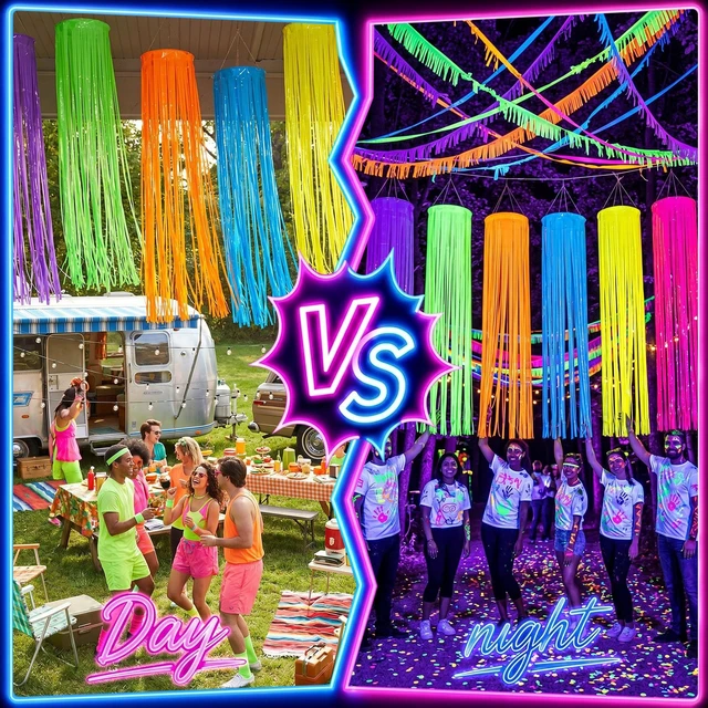 Alt view image 6 of 6 - 6 Pack Glow in The Dark Party Supply Neon Blacklight Streamer, 6 Color 6.56ft Tinsel Foil Fringe Curtain with Hanging Loop Rope, Streamer for Birthday Halloween New Year Rave Black Light Party