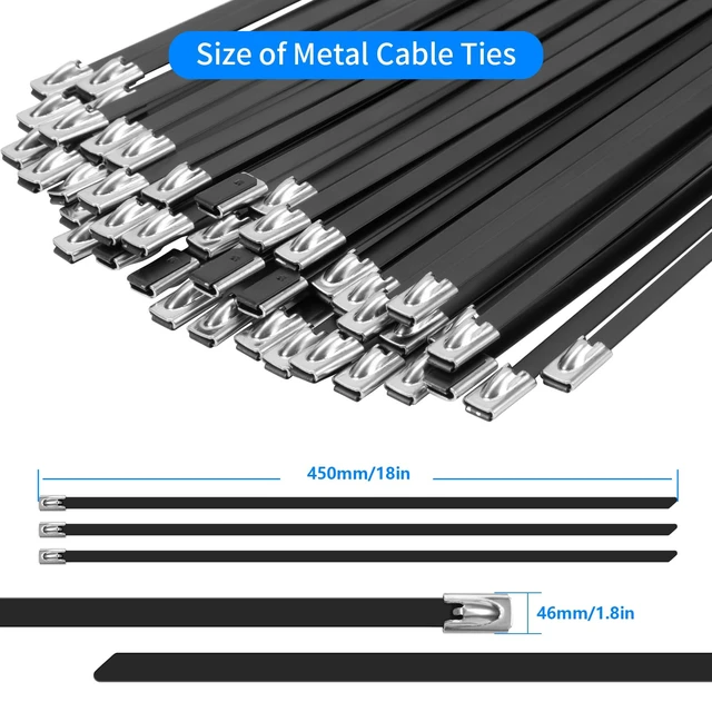Alt view image 5 of 6 - Metal Zip Ties Black 18 inch 290LB 50pcs Heavy Duty 304 Stainless Steel Epoxy Coated Locking Cable Exhaust Wrap Multi Purpose Binding for Machinery, Vehicles, Farms, Cables, Pipes,Fence