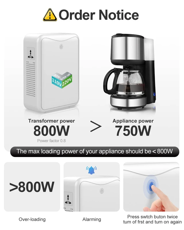 Alt view image 6 of 7 - 120v to 240v Step Up Transformer 1000W Power Voltage Converters, No Noise, Suit for Coffee Machines, Rice Cookers and Other Kitchen Appliances Using 220V Asia Euro Appliance in US