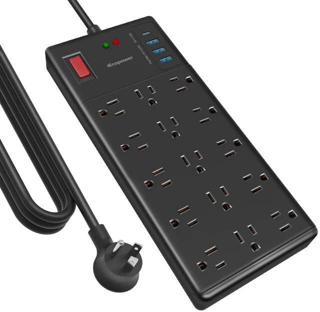 Main image of Surge Protector Power Strip 10 ft cord-15 Widely Spaced Outlets and 4 USB Ports(1 USB C Port),14 AWG Extension Cord,1875W/15A Heavy Duty Power Strip Surge Protector 10 ft Cord,2800J,Black