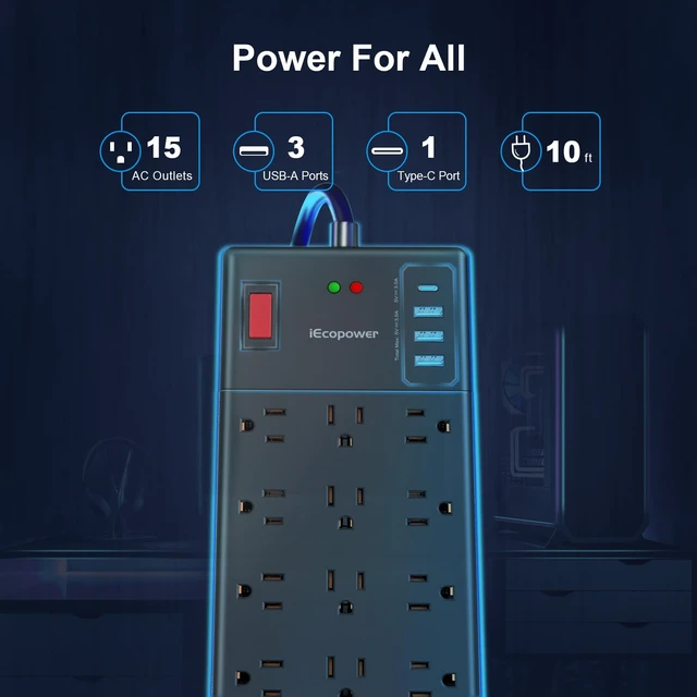Alt view image 2 of 7 - Surge Protector Power Strip 10 ft cord-15 Widely Spaced Outlets and 4 USB Ports(1 USB C Port),14 AWG Extension Cord,1875W/15A Heavy Duty Power Strip Surge Protector 10 ft Cord,2800J,Black