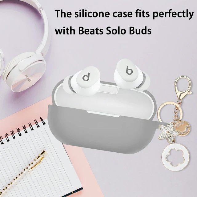 Alt view image 5 of 7 - Case Cover Compatible with Beats Solo Buds Earbuds (2024) Soft Silicone Protective Skin with Bling Keychain Accessories for Women Girl (Grey)