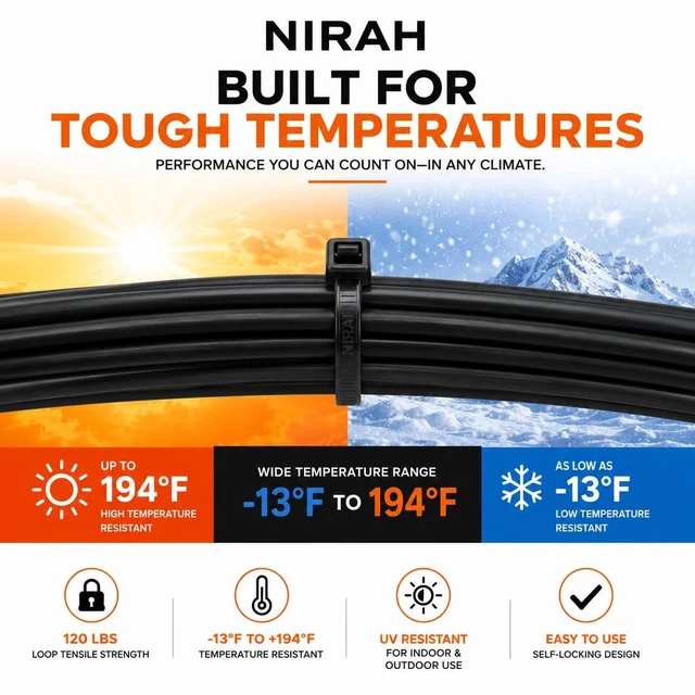 Alt view image 4 of 7 - 14 inch Black Zip Ties, 120 LB Tensile Strength 200 Pack, PA66 Nylon, Professional Grade Heavy Duty - UV Resistant Indoor and Outdoor Cable & Wire Management, Multi-Purpose Self-Locking Cable Ties