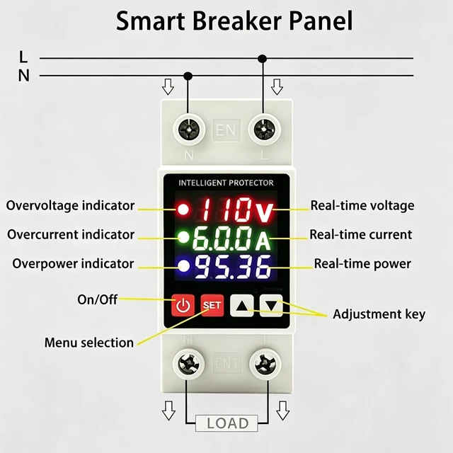 Alt view image 3 of 7 - Adjustable Voltage Protector 110V, 63A Smart Circuit Breaker Realtime voltage, current & power display, High/Low Voltage Cutoff and Overcurrent Protection