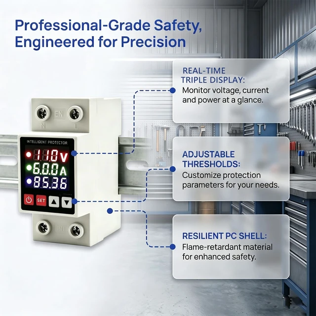 Alt view image 5 of 7 - Adjustable Voltage Protector 110V, 63A Smart Circuit Breaker Realtime voltage, current & power display, High/Low Voltage Cutoff and Overcurrent Protection