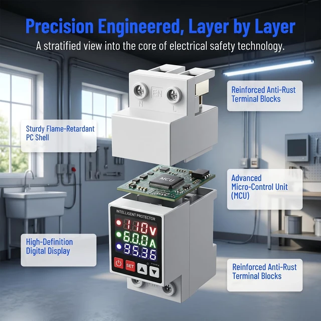 Alt view image 6 of 7 - Adjustable Voltage Protector 110V, 63A Smart Circuit Breaker Realtime voltage, current & power display, High/Low Voltage Cutoff and Overcurrent Protection