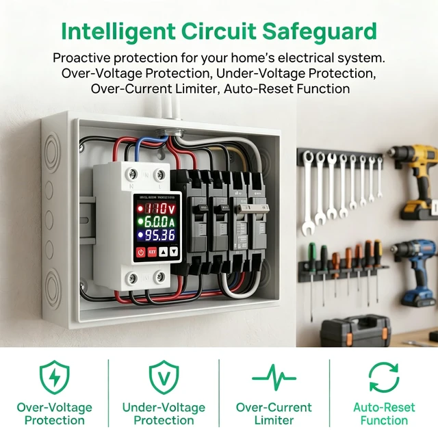 Alt view image 7 of 7 - Adjustable Voltage Protector 110V, 63A Smart Circuit Breaker Realtime voltage, current & power display, High/Low Voltage Cutoff and Overcurrent Protection