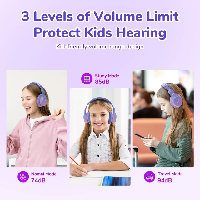 Alt view image 2 of 7 - K4 Kids Bluetooth Headphones, Wireless Headphones with Lights Violet 74/85/94dBA Volume Limited, Built-in Mic, 90H Playtime, Bluetooth 5.4 Over Ear Headphone for iPad/Tablet/School, Violet