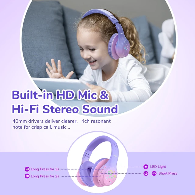 Alt view image 4 of 7 - K4 Kids Bluetooth Headphones, Wireless Headphones with Lights Violet 74/85/94dBA Volume Limited, Built-in Mic, 90H Playtime, Bluetooth 5.4 Over Ear Headphone for iPad/Tablet/School, Violet