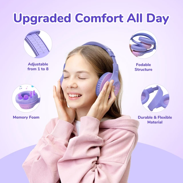 Alt view image 5 of 7 - K4 Kids Bluetooth Headphones, Wireless Headphones with Lights Violet 74/85/94dBA Volume Limited, Built-in Mic, 90H Playtime, Bluetooth 5.4 Over Ear Headphone for iPad/Tablet/School, Violet