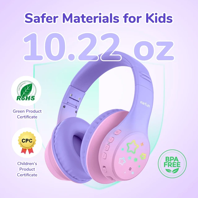 Alt view image 7 of 7 - K4 Kids Bluetooth Headphones, Wireless Headphones with Lights Violet 74/85/94dBA Volume Limited, Built-in Mic, 90H Playtime, Bluetooth 5.4 Over Ear Headphone for iPad/Tablet/School, Violet