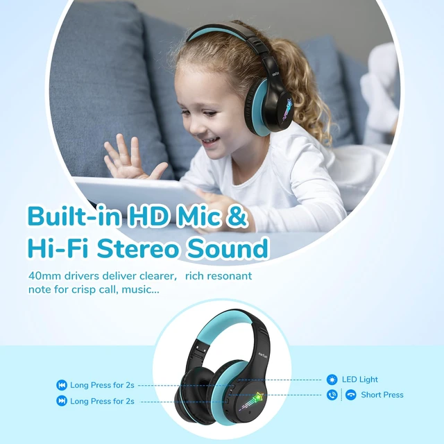 Alt view image 4 of 7 - K4 Kids Bluetooth Headphones, Wireless Headphones with Lights, Black 74/85/94dBA Volume Limited, Built-in Mic, 90H Playtime, Bluetooth 5.4 Over Ear Headphone for iPad/Tablet/School, Dark Black