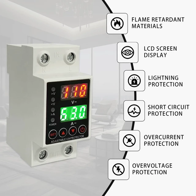 Alt view image 7 of 7 - Voltage Protector 110V 220V, 63A Adjustable Smart Circuit Breaker Real-time voltage & current display, High/Low Voltage Cutoff and Overcurrent Protection