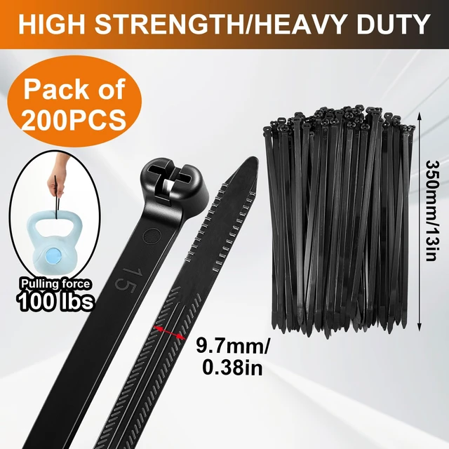 Alt view image 2 of 7 - 13 Inch 200 Pcs Black Zip Tie Cable Tie with Metal Tooth Self Locking Nylon Cable Zip Ties, 100 Lbs Tensile Strength, UV Resistant Wire Wraps Multi Purpose for Industrial Indoor Outdoor Use