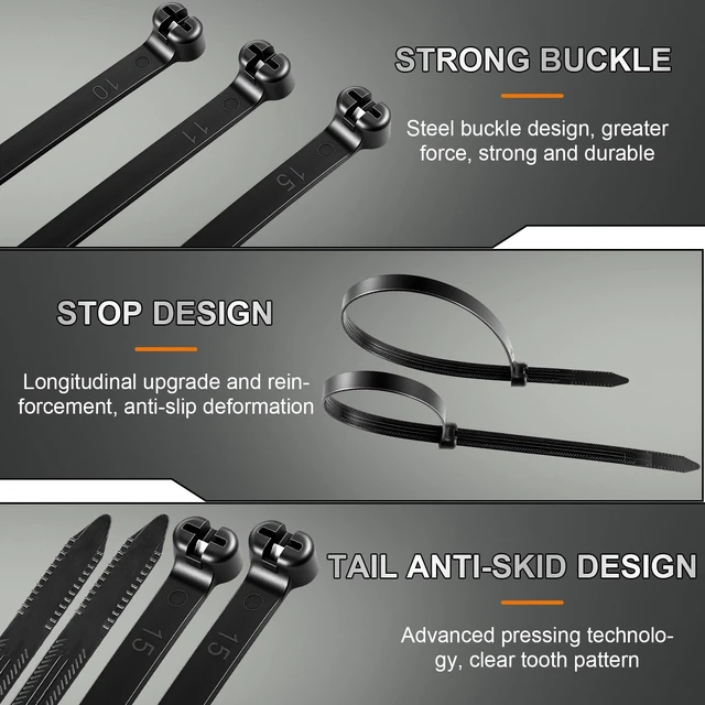 Alt view image 3 of 7 - 13 Inch 200 Pcs Black Zip Tie Cable Tie with Metal Tooth Self Locking Nylon Cable Zip Ties, 100 Lbs Tensile Strength, UV Resistant Wire Wraps Multi Purpose for Industrial Indoor Outdoor Use