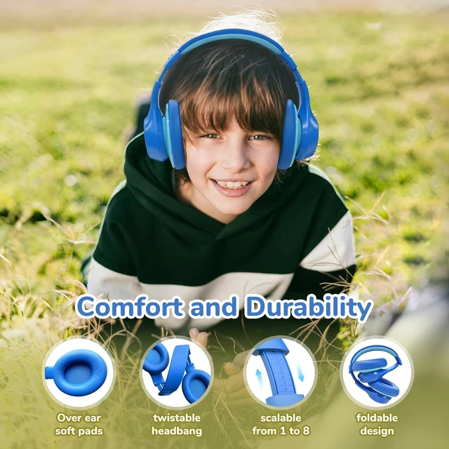 Alt view image 7 of 7 - K4NC Active Noise Cancelling Headphones for Kids,120H Playtime Blue 74/85/94dBA Volume Limited, Kids Bluetooth Headphones with Mic, Bluetooth 5.4 Stereo Sound Kid Headset for School/Home/Travel