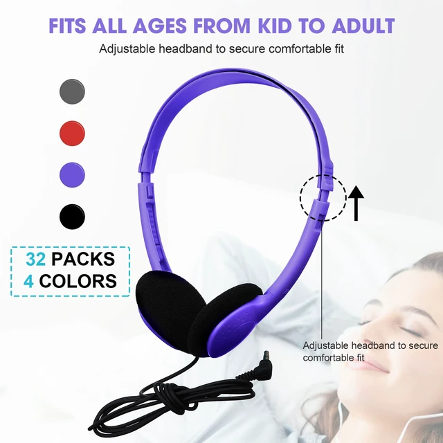 Alt view image 2 of 6 - 32 Pack Headphones Bulk for Classroom Student, Cute Color Wholeslae Wired Headphone Class Set Headphones over The Ear Adjustable with 3.7 mm Jack for School Library Online Lesson