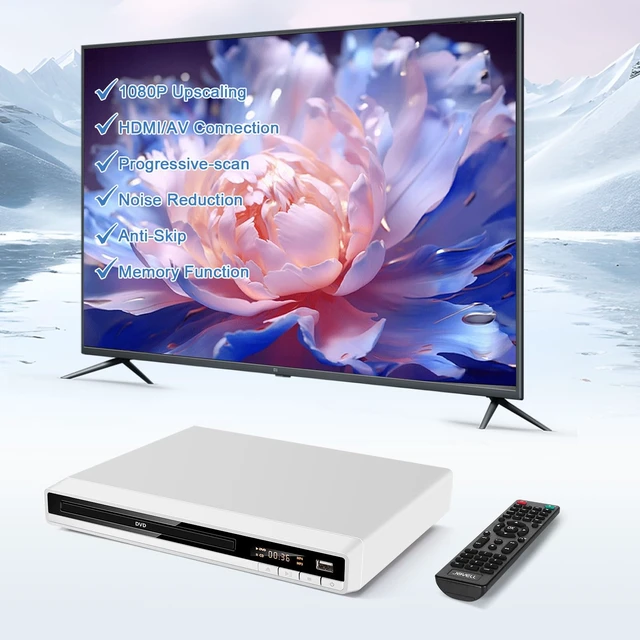 Alt view image 2 of 7 - DVD Player for TV, Region-Free DVD CD Player for Home with HDMI RCA Output USB Input, Plays All Regions and Multi-Format, 1080P HD DVD Player for Family Movies (Non-Blu-ray, White168)