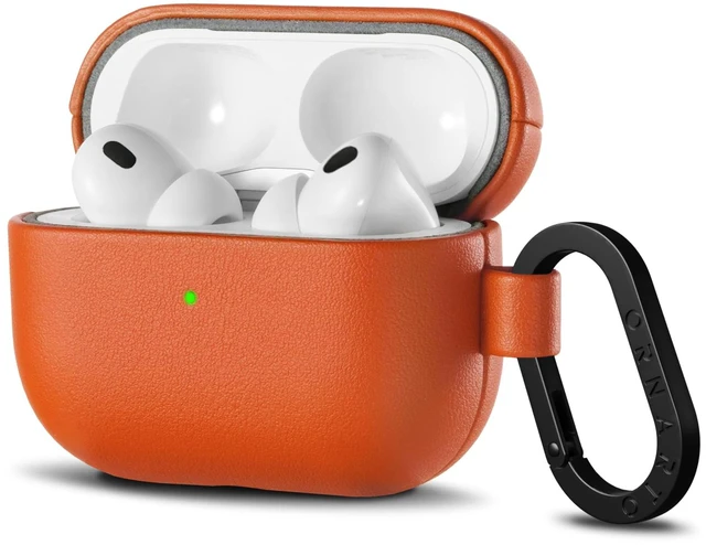 Main image of for AirPods Pro 3 Case, Vegan Leather Cover, Classic Orange Vegan Leather Cover, Front LED Visible, Wireless Charging, Anti-Scratch, Soft Touch, Metal Carabiner
