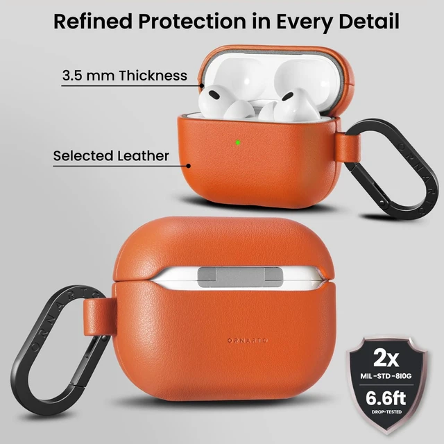 Alt view image 3 of 7 - for AirPods Pro 3 Case, Vegan Leather Cover, Classic Orange Vegan Leather Cover, Front LED Visible, Wireless Charging, Anti-Scratch, Soft Touch, Metal Carabiner