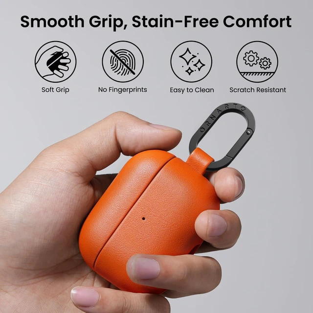Alt view image 4 of 7 - for AirPods Pro 3 Case, Vegan Leather Cover, Classic Orange Vegan Leather Cover, Front LED Visible, Wireless Charging, Anti-Scratch, Soft Touch, Metal Carabiner
