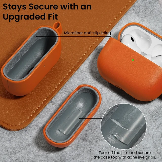 Alt view image 6 of 7 - for AirPods Pro 3 Case, Vegan Leather Cover, Classic Orange Vegan Leather Cover, Front LED Visible, Wireless Charging, Anti-Scratch, Soft Touch, Metal Carabiner