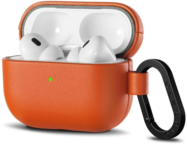Main image of for AirPods Pro 2 Case, Vegan Leather Cover, Classic Orange Vegan Leather Cover, Front LED Visible, Wireless Charging, Anti-Scratch, Soft Touch, Metal Carabiner