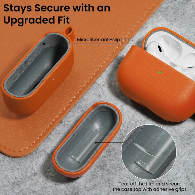 Alt view image 6 of 7 - for AirPods Pro 2 Case, Vegan Leather Cover, Classic Orange Vegan Leather Cover, Front LED Visible, Wireless Charging, Anti-Scratch, Soft Touch, Metal Carabiner